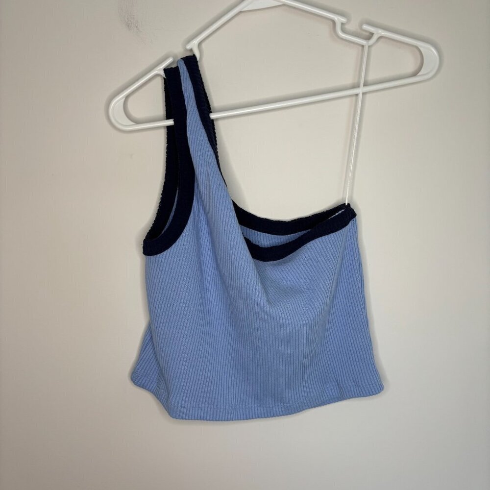 URBAN OUTFITTERS NEW Cropped 1 Shoulder Top Womens L Blue Navy Ribbed Stretch - Picture 3 of 5